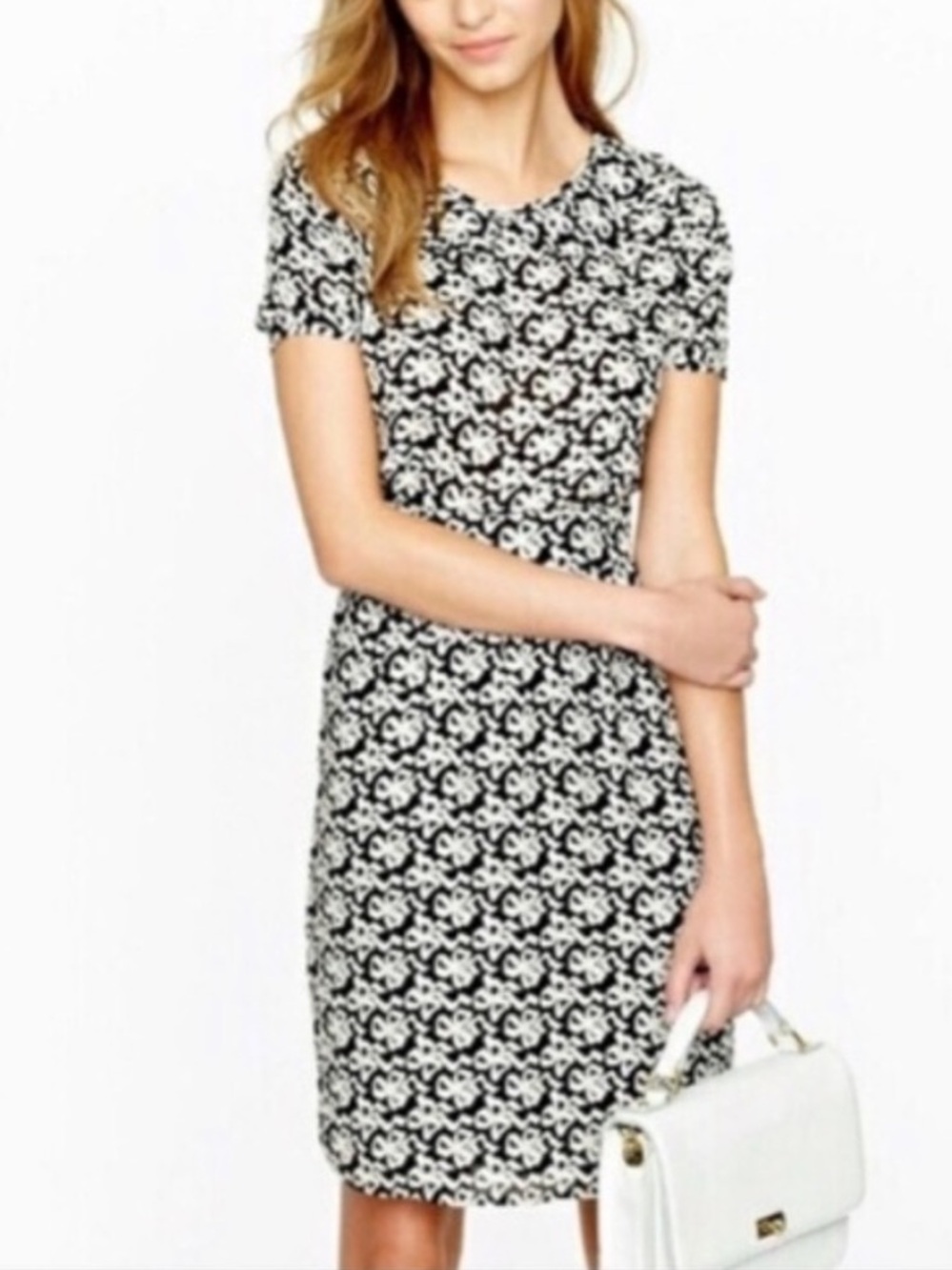 J. Crew B/W Ribbon Bow Print Chiffon Peter Pan Collar Fitted Dress, Size 0, NWT